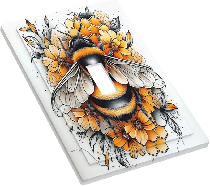 Decorative Light Switch Cover Bee Honeycomb Flowers Plant Leaves 1 Gang Single Toggle Device Electrical Faceplate Switchplates Decorator Outlet Wall Plate For Nursery Kids Room Decor