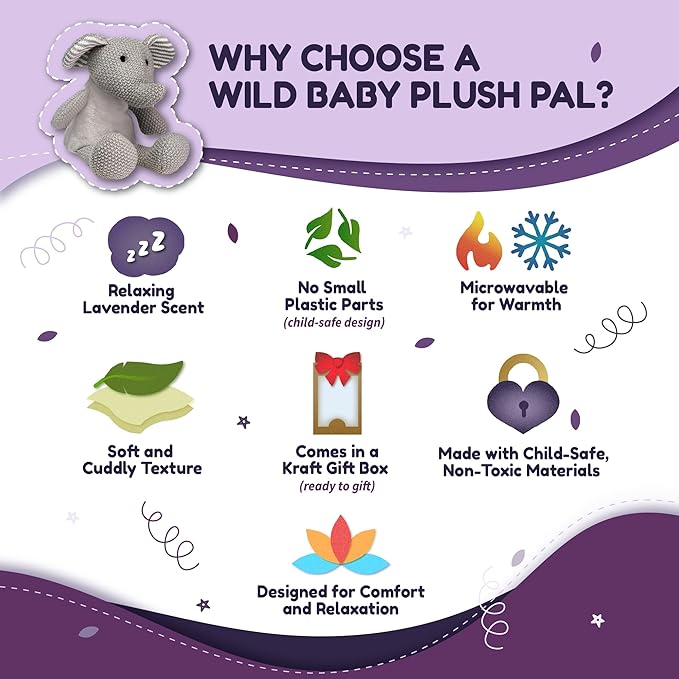 WILD BABY Microwavable & Weighted Plush Toy - Elephant Stuffed Animal for Comfort & Warmth - Soft, Heatable Plushie for Snuggles - Great for Kids, Toddlers & All Ages