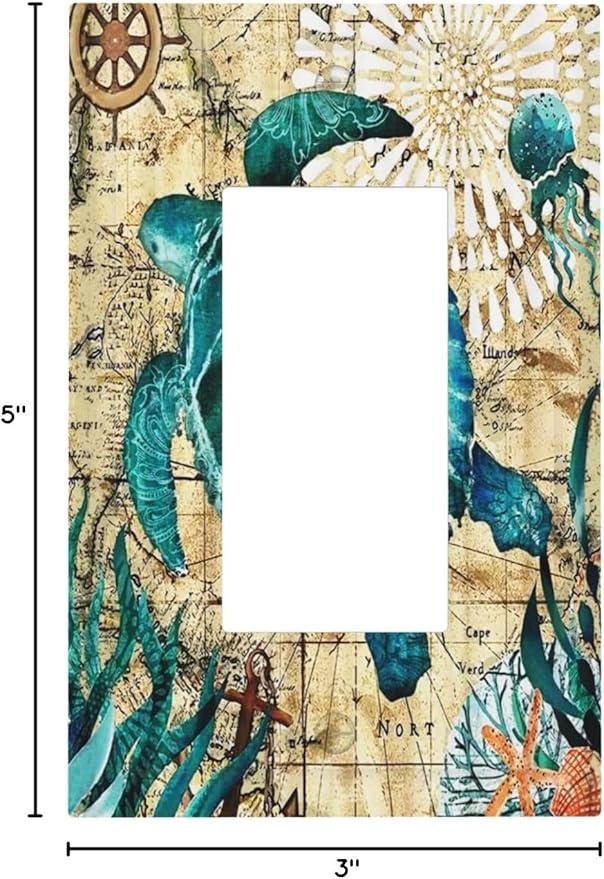 Sea Blue Turtle Beach Nautical Ocean Themed Teal World Map Tortoise Coastal 1 Gang Electrical Decora/GFCI Device Wallplate Single Decorator Rocker Outlet Light Switch Cover Electrical Faceplate Dimmer