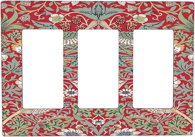 William Morris Strawberry Thief Botanical Red Green 3 Gang Rocker Light Switch Covers Triple Outlet Wall Plate Decorative Switchplate Cover Faceplate GFCI for Country Bathroom Bedroom Kitchen Decor