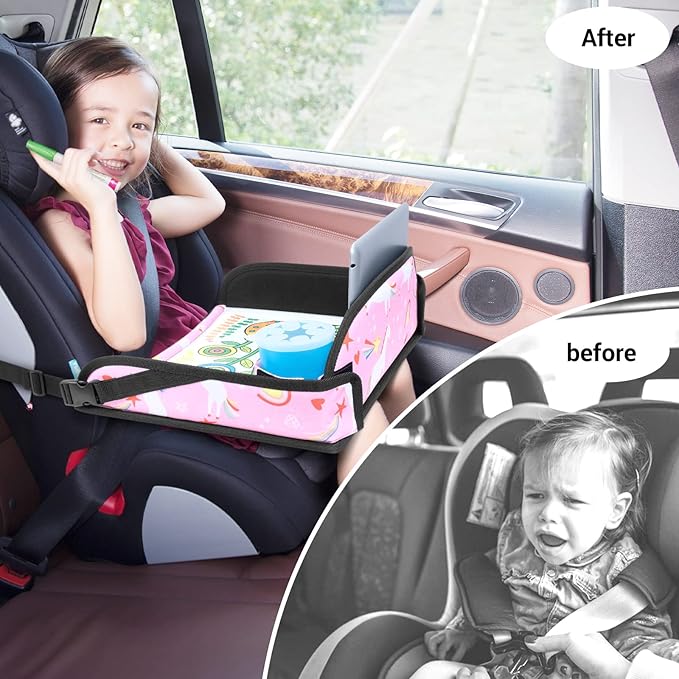 COOLBEBE Kids Travel Tray for Toddler Car Seat, Portable Car Seat Lap Tray with 2 Cup Holders & 8 Markers, Pink Unicorn Travel Tray for Airplane, Road Trip Activities for Kids