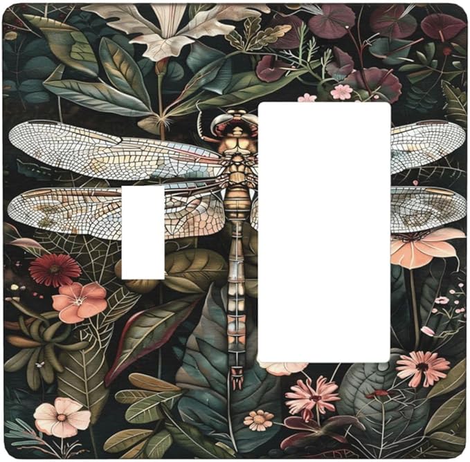Vintage Dark Green Dragonfly Flowers Floral Botanical Outlet Covers 1 Toggle 1 Rocker Combination Decorative Wall Plate Electrical Switch Plates Light Switch Cover Plate for Farmhouse Home Decor