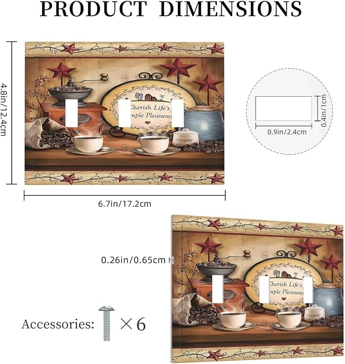 Simple Home Country Life Triple Toggle Decorator Outlet Light Switch Wall Plate Cover Kitchen Western Cabin Coffee Beans Cup Bar Clock Jumbo Decorative 3 Gang Three Device Receptacle Faceplate Cover