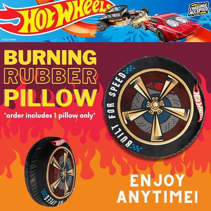Hot Wheels Racing Tire Plush Decorative Pillow – Kids Bedroom Decor Cushion, 14 inch, (Officially Licensed Product) By Franco