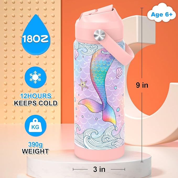 Girls Water Bottle with Straw,18 oz Kids Insulated Cups with Stainless Steel Leak Proof for School,Sport&Travel（Mermaid）