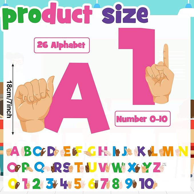 Resurhang 37 Pcs ASL Alphabet Number Card Colorful Learning ABC Number 0-10 American Sign Language Flash Cards Alphabet Poster Bulletin Board Wall Decor for Kindergarten Classroom(Bright Color)