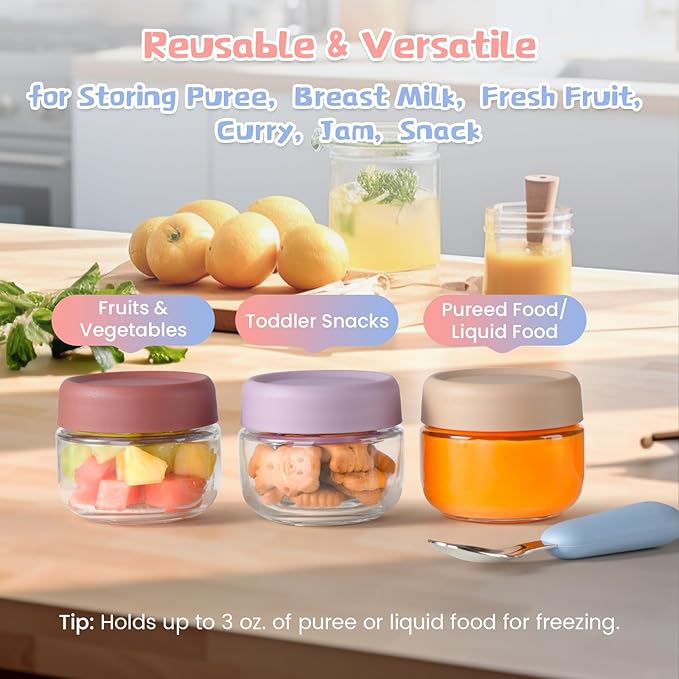 Glass Baby Food Storage Containers, Baby Food Jars, 8 Pack Small Glass Containers with Lids, 4 oz Leakproof Baby Food Storage Containers, BPA Free Microwave/Freezer/Dishwasher Safe, Kids Spoon Fork