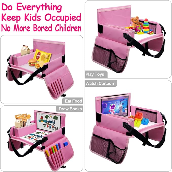 Car Seat Tray for Kids Travel, Carseat Tray for Toddler Road Trip Activities, Car Trays for Kids Road Trip Essentials, Travel Trays for Airplane, Toddler Car Seat Lap Table - Pink