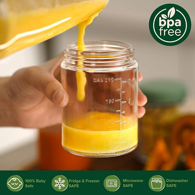 haakaa Baby Food Storage Containers Set,100% Leak-Proof Glass Baby Food Jars with Silicone Lids, Fridge –Freezer & Microwave Safe,4 PCS 7 oz,Pea Green