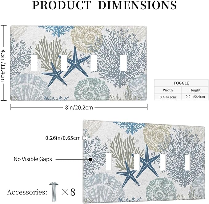 Blue Nautical Beach Coral Starfish 4 Gang Quad Toggle Light Switch Cover Plate Decorative Electric Faceplate Decorative Switchplate Screwless