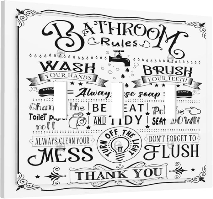 Toilet Bathroom Rules Quotes Vintage Sign Washroom Decorative 3 Gang Light Switch Cover Funny Bathroom Fun Bath Toilet Decor Triple Toggle Wall Plate Electrical Switch Socket Plug Face Plate