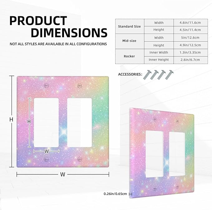 Decorative Outlet Covers Rainbow Shiny Gradient Colors 2 Gang Wall Plate Double Rocker Light Switch Cover Plate Jumbo Dual Electrical GFCI Switch Cover Plate for Kids Room Nursery Decor