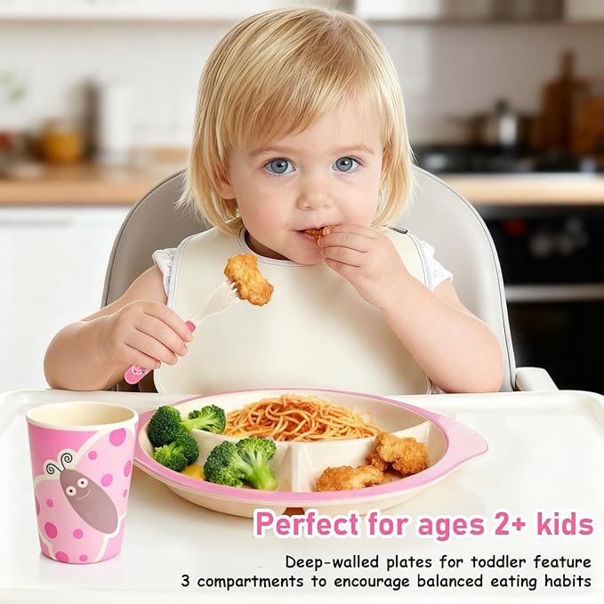 Kids Dinnerware Set, 5-Piece Mealtime Tableware for Children & Toddlers – Includes Divided Plate, Bowl, Cup, Fork & Spoon – Natural Bamboo Fiber, BPA-Free, Dishwasher Safe (Butterfly)