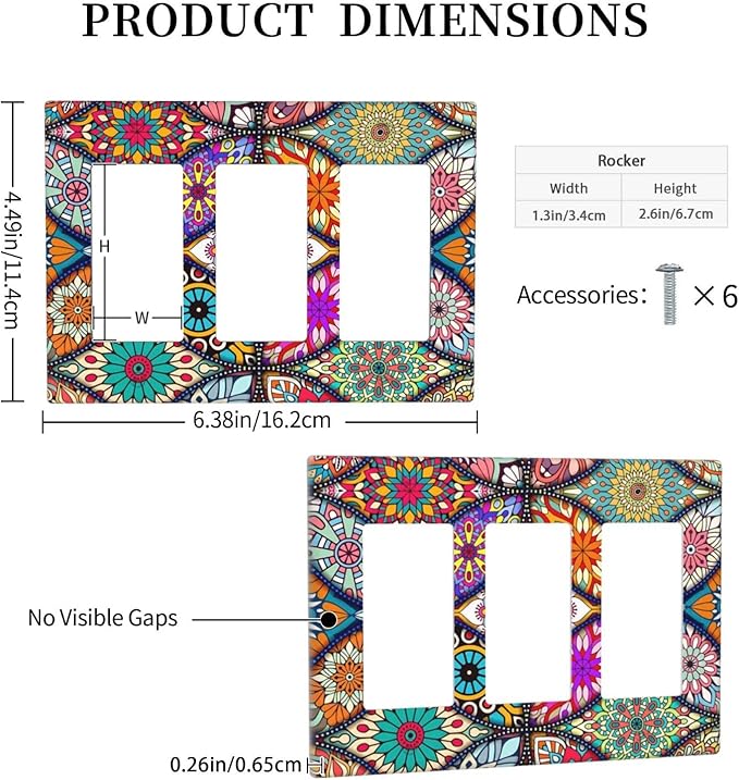 Bohemian Triple Rocker Light Switch Plate Covers Decorative Gifi Lightswitch Faceplate colorful Vintage Floral Mandala Flower 3 Gang Decora Wall Plate for Bathroom Kitchen 6.38" X 4.9"