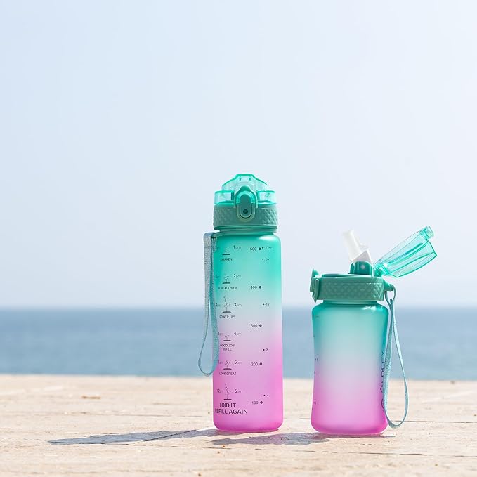 OLDLEY Kids Water Bottle for School, 12 oz (2 lids) BPA-Free Reusable Leak-proof Durable Tritan Plastic Water Bottles with Straw & Chug Lids, Anti-dust Spout Cover (Green Purple)