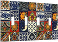Boho Moroccan Mandala Mexican Tiles Decorative 4 Gang Quad Toggle Light Switch Cover Electric Large Size Quadruple Faceplate Decorative Switch Face Wallplate