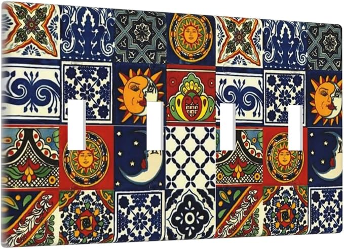 Boho Moroccan Mandala Mexican Tiles Decorative 4 Gang Quad Toggle Light Switch Cover Electric Large Size Quadruple Faceplate Decorative Switch Face Wallplate