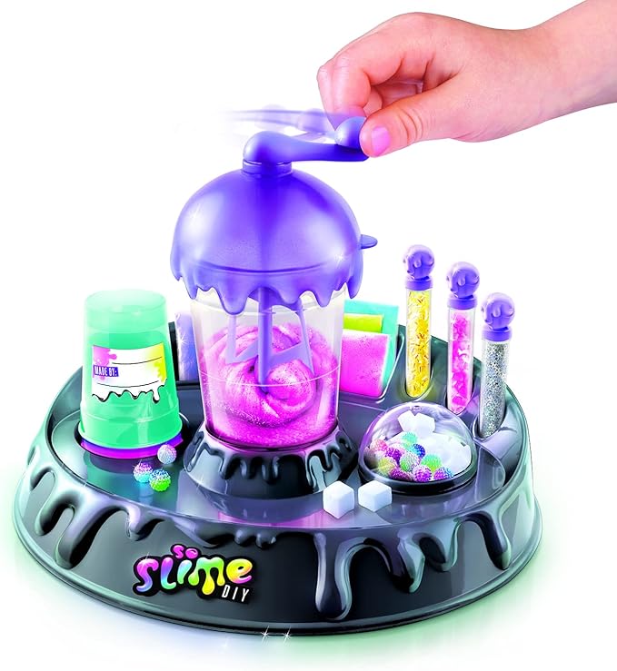 So Slime DIY Sensory Factory; Makes 10 Slimes; No Glue; No Mess; Sensory Mix’ins to Create ASMR Feels; Just Add Water and Turn The Crank; Slime Storage Containers Included