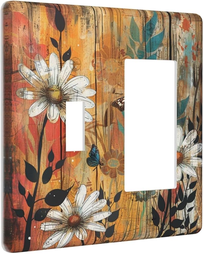 Light Switch Cover Plate Vintage Wooden Daisies Butterflies Floral 2 Gang Combo Wall Plates Toggle Rocker Decorative Switch Plates and Outlet Covers for Bathroom Farmhouse Decor
