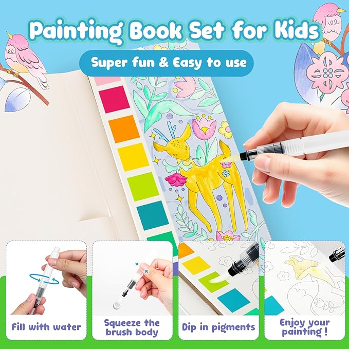 JCREN Watercolor Painting Books, Pocket Watercolor Painting Coloring Kit, Paint with Water Bookmarks Travel Activity Party Favors for Kids Toddlers Gifts for Boys and Girls