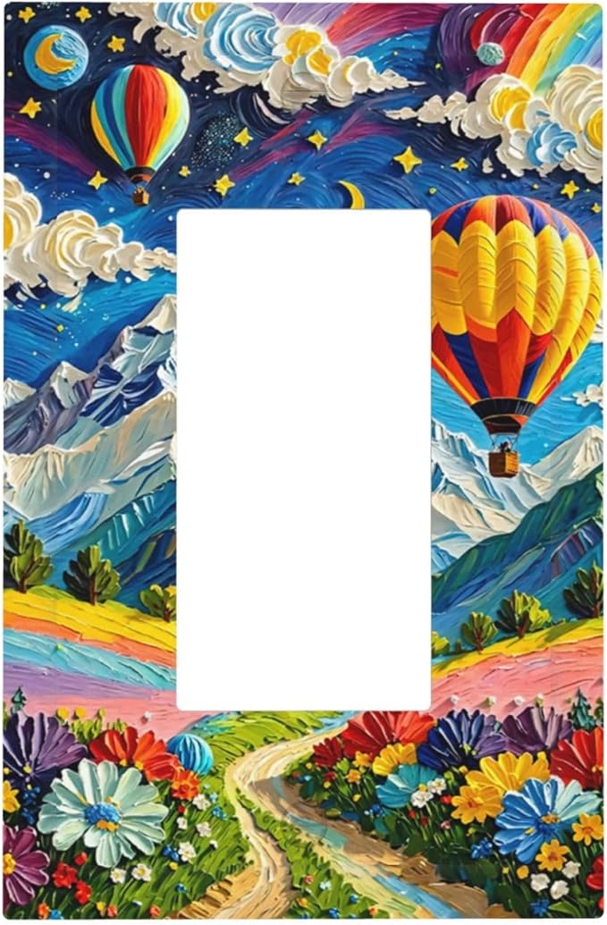 Hot Air Balloons Floral Vibrant Colors Flowers Mountains Stars Moon Decorative Outlet Covers 1 Gang Single Rocker Wall Plates Gfci Faceplate Light Switch Cover Plate for Bedroom Kids Room