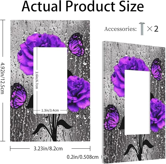 Purple Rose Butterfly 1-Gang Decorator Rocker Outlet Light Switch Cover Romantic Blossom Flowers Floral Art Valentine's Day Decorative Single Device GFCI Switch Wall Plate Dimmer (4.92 IN x 3.23 IN)