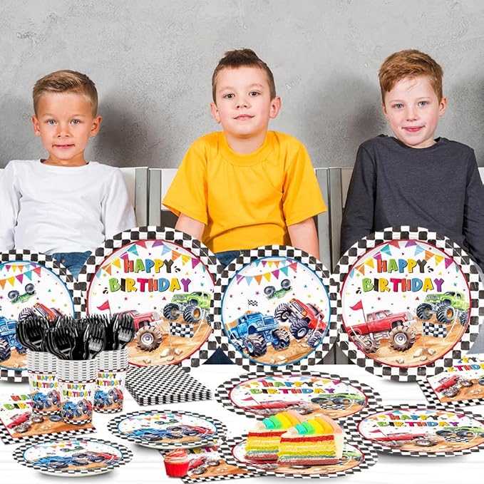 144pcs Monster Truck Birthday Party Decorations Plates Napkins Disposable Truck Paper Cups Monster Truck Party Supplies Tableware Set for Kids Boys Birthday Decor Serve 24 Guests