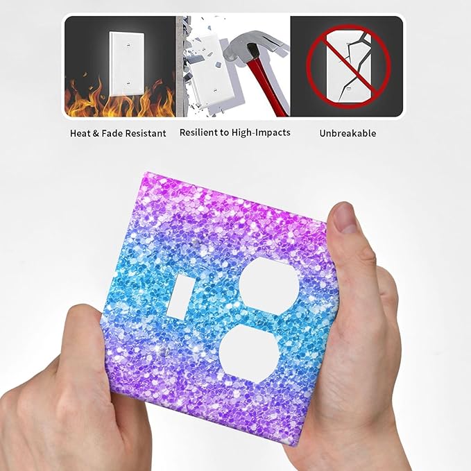 Light Switch Cover Plate Fantasy Colorful Glitter Blue Purple Gradient 2 Gang Outlet Covers 1 Toggle 1 Duplex Socket Cover Wallplates Electrical Switch Plate Covers for Kids Room Home Decor
