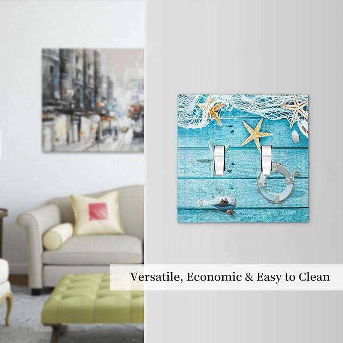 Turquoise Teal Fishing Net Wood Plank 2 Gang Double Toggle Light Switch Cover Electric Wall Plate Electrical Faceplate for Bathroom Home Living Room Jumbo Size Decor