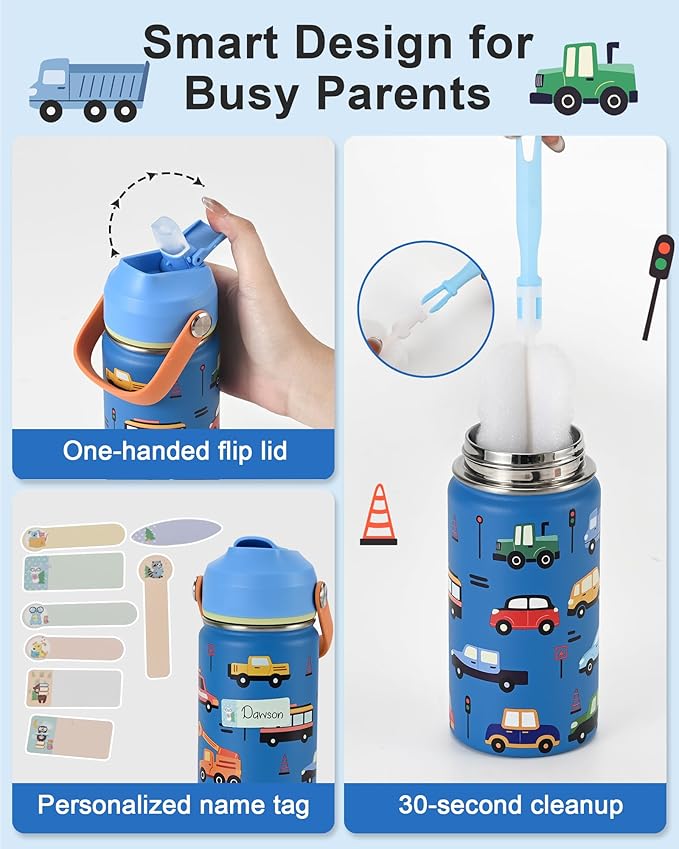 Kids Water Bottle 14oz with Silicone Straw Lid - Insulated Toddler Water Bottle Stainless Steel Keeps Cold 24H, Leak Proof & Cars Trucks Prints Design | Custom Name Tag for School, Daycare, Travel