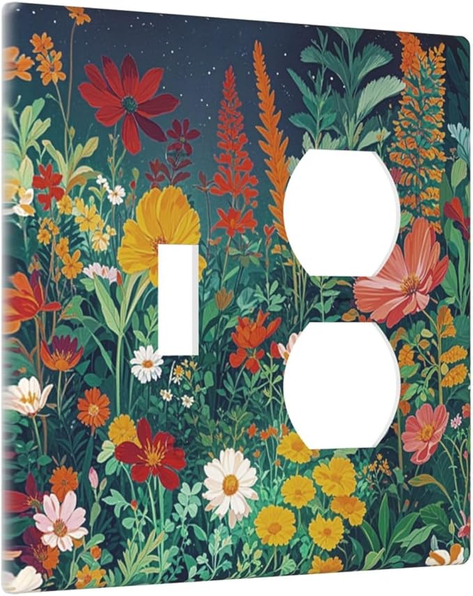 Decorative Switch Cover Plate with Wildflowers & Stars Botanical Floral Art Design Toggle Duplex Wall Plate 2 Gang Light Switch Cover Outlet Covers for Garden Theme Wall Decor