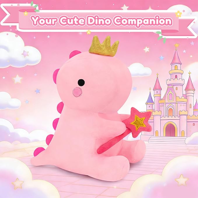 SQEQE Dinosaur Stuffed Animal, Cute Dinosaur Plush Toys with Fairy Wand, Dino Plushies Anniversary Birthday Gift for Her Girls Boys Boyfriend Girlfriend(Pink,12 inch)