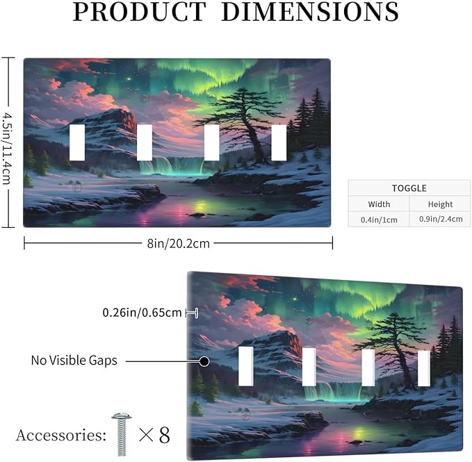 Snow Mountain Aurora Waterfalls Rivers Forest Light Switch Covers Quad Toggle Electrical Faceplate 4 Gang Wall Plate Decorative Switch Plates Cover for Bedroom Living Room Decor