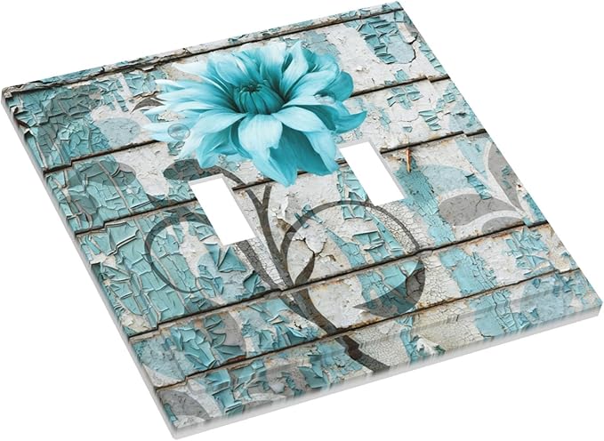 Vintage Floral Double Toggle Switch Cover - 2-Gang Standard US Size Rustic Farmhouse Teal Flower Distressed Brick Light Switch Covers for Bedroom Bathroom Decor