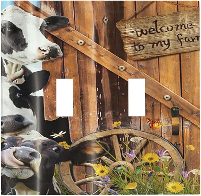 Decorative Switch Plate Covers Farm Cow Farmhouse Barn Door Rustic Vintage Wooden 2 Gang Double Rocker Decora Light Switch Cover Country Wildlife Funny Dual Outlet Wall Plate Electrical Faceplate GFCI