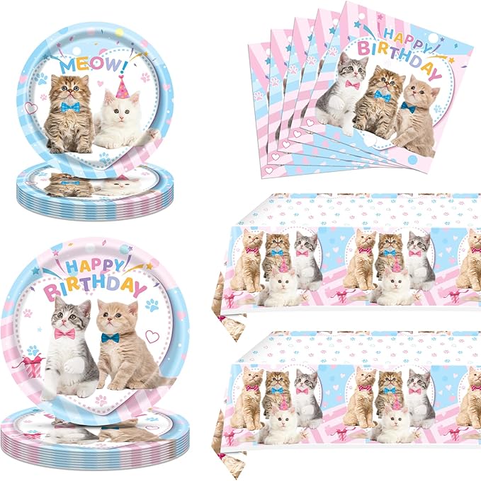 Ryzovo Cat Birthday Party Supplies,62pcs Cat Party Decorations&Tableware Set-Kitten Birthday Party Decorations Dinner Plates Dessert Plates Napkins Tablecloth etc Cat Themed Birthday Party Supplies