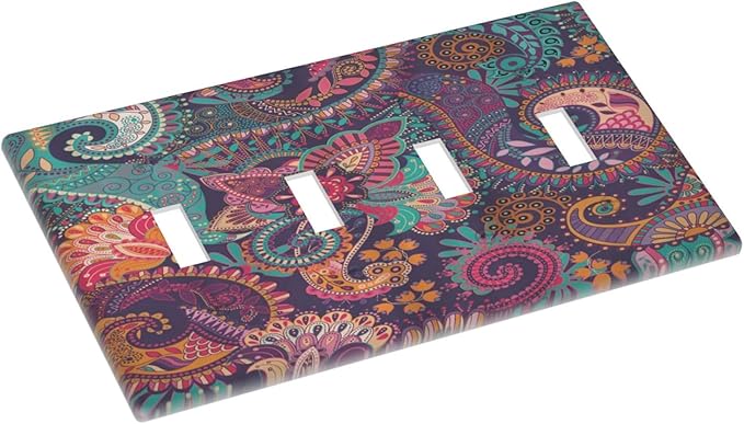 Mandala Boho Paisley Purple Floral Colorful Flower Light Switch Covers Quad Toggle Electrical Faceplate 4 Gang Wall Plate Decorative Switch Plates Cover for Home Bedroom Decor