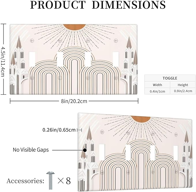 Decorative Light Switch Plate Covers Mid Century Gold Sun Minimalist Arch Line Castle 4 Gang Wall Plate Switch Cover Plate Quad Toggle Jumbo Electrical Faceplate for Bedroom Decor