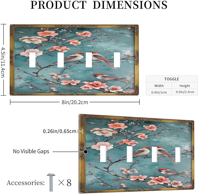 Decorative Art Light Switch Covers Birds on Branches Quad Toggle 4 Gang Wall Plate Switch plate Electrical Faceplate for Home Decor