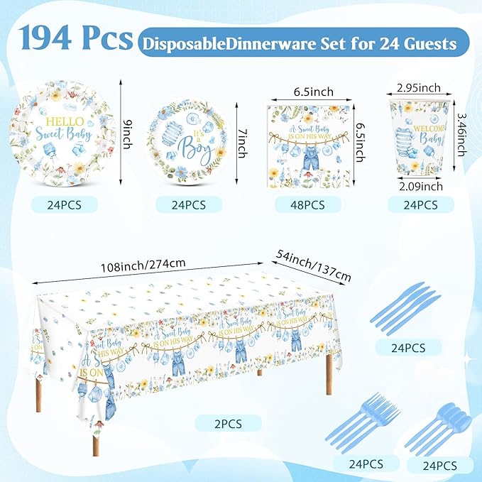 Pickmesh 194 Pcs Floral Baby Boy Shower Decorations for 24 Guests, Baby Shower Blue Paper Plates and Napkins Cups Tablecloth Cutlery for Spring It's a Boy Gender Reveal Party Supplies