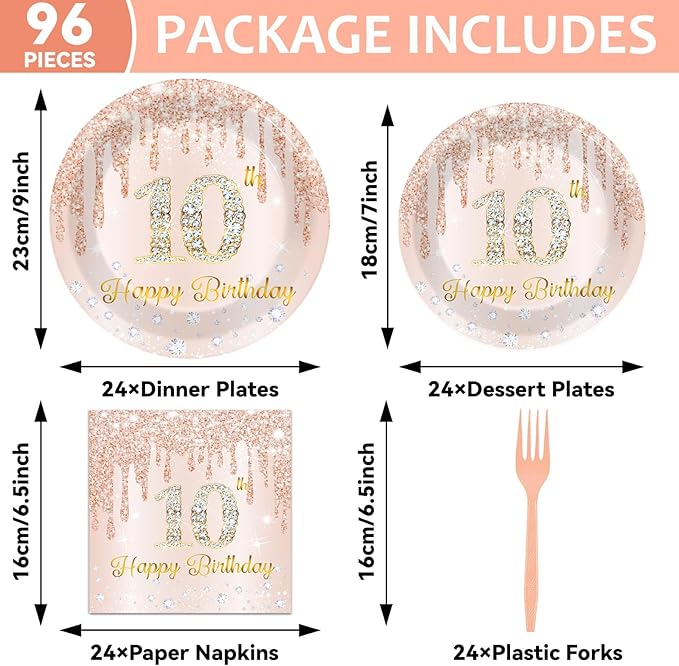 96 Pcs 10th Birthday Decoration for Girls Rose Gold 10th Birthday Plates and Napkins Party Supplies Rose Gold Pink Happy 10 Years Party Disposable Tableware Set for 24 Guests Party Decoration