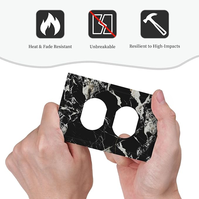 Black Marble Patterns Low Key Luxurious Outlet Covers 1 Gang Duplex Light Switch Cover Decorative Switch Plates Electrical Receptacle Faceplate Wall Plate for Bathroom Kitchen Decor