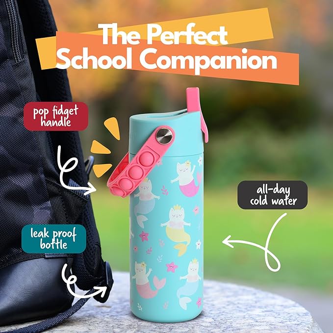Elemental Insulated Kids Water Bottle, Stainless Steel Water Bottle with Straw Lid & Pop-It Handle, Leak-Proof Water Bottles for School, Boys or Girls, Travelling and Sports, 18oz - Meowmaid