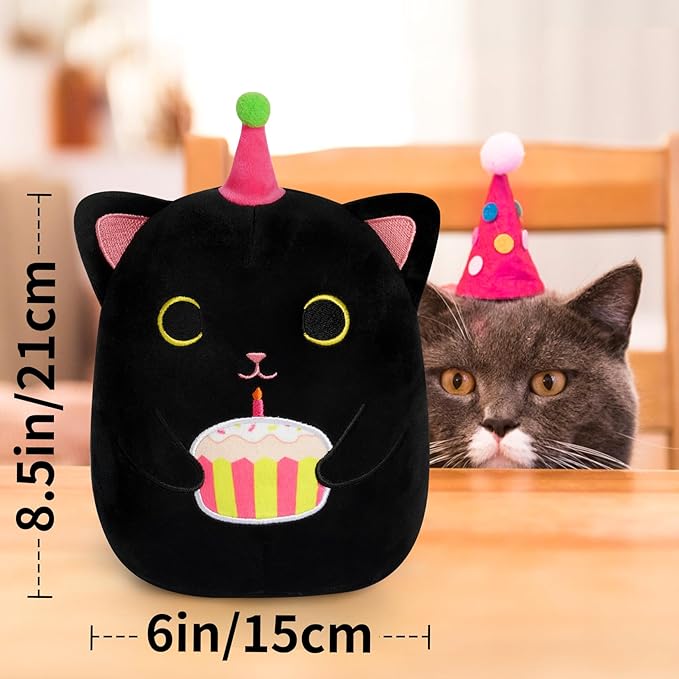 Black Cat Plush, 8 inch Happy Birthday Cat Stuffed Animal with Cake, Cute Plush Black Kitten Birthday Gift for Girls, Boys and Cats, Home Room Decoration