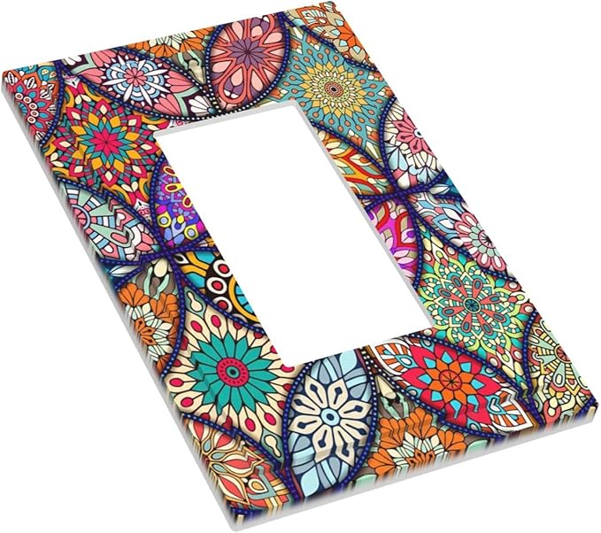 Bohemian Single Rocker Outlet Wall Plate Decorative 1 Gang Light Switch Cover colorful Vintage Floral Mandala Flower Decora Electrical Gfci Switchplate for Kitchen Bathroom Home Decor