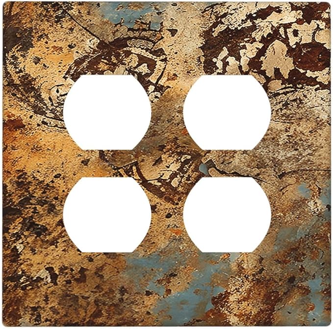Light Switch Cover Plate Shabby Old Rusty Antique Brass Copper Print 2 Gang Socket Covers Double Duplex Wallplates Switch Plates and Outlet Covers for Kitchen Home Decor
