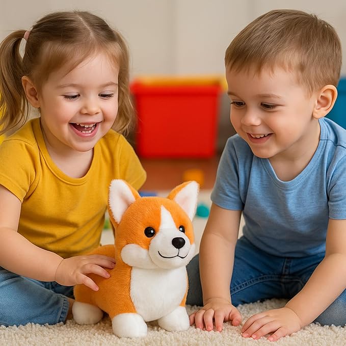 WEIGEDU Corgi Plush Toy, 12 Inch Cute Stuffed Animal, Soft Kawaii Dog Pillow, Realistic Welsh Corgi Puppy, Gifts for Kids and Dog Lovers, Orange and White