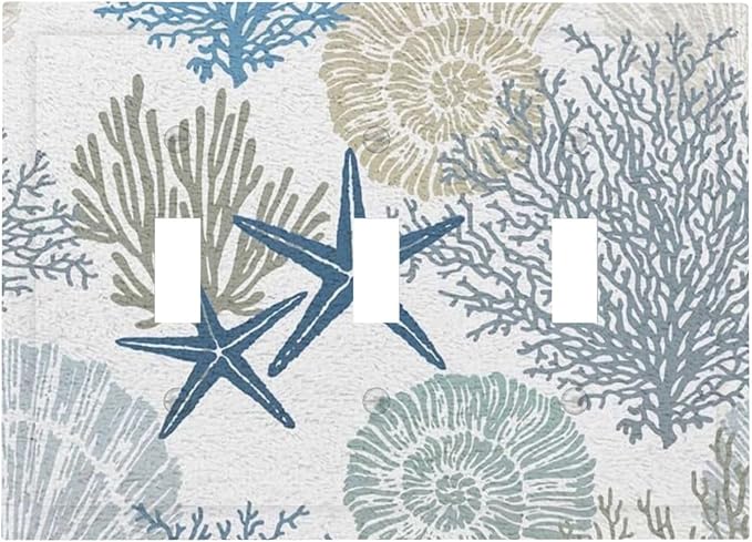 Turquoise Teal Nautical Beach Coral Starfish 3 Gang Decorator Light Switch Plate Outlet Cover, Tropical Blue Sea Ocean Conch Coralline Decorative Triple Toggle Wall Plate Electrical Face Switch Plate