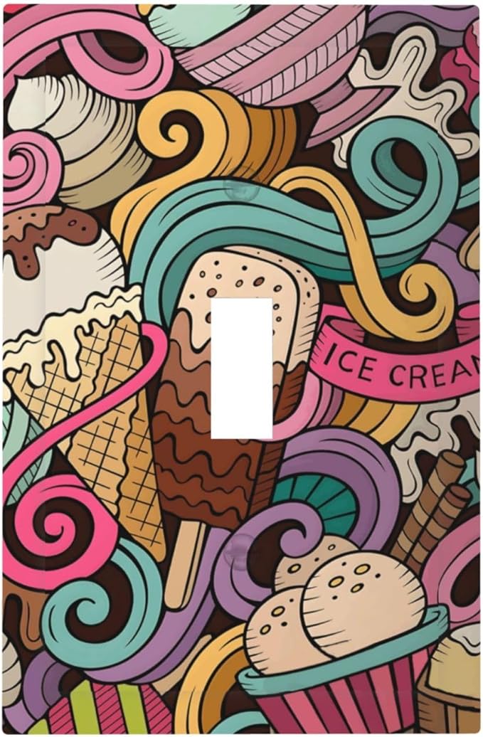 Cartoon Hand Drawn Ice Cream Doodles Colorful Print Decorative Light Switch Cover 1 Gang Single Toggle Device Electrical Faceplate Switchplates Decorator Outlet Wall Plate for Kids Room Nursery Decor