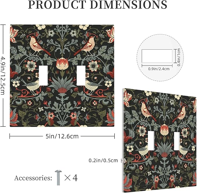 Vintage Birds Berries Mid Century Floral Flower Decorative Switch Plates 2 Gang Double Toggle Outlet Light Switch Cover Wall Plate Electrical Faceplate for Bedroom Living Room Decor